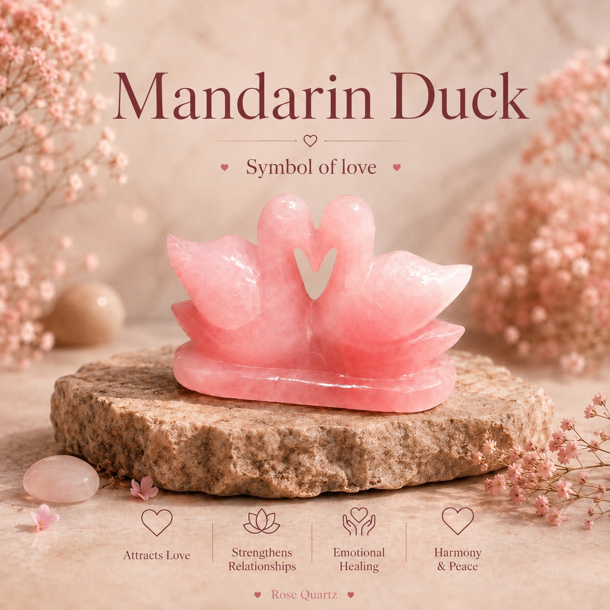 Natural Rose Quartz Mandarin Duck Pair
