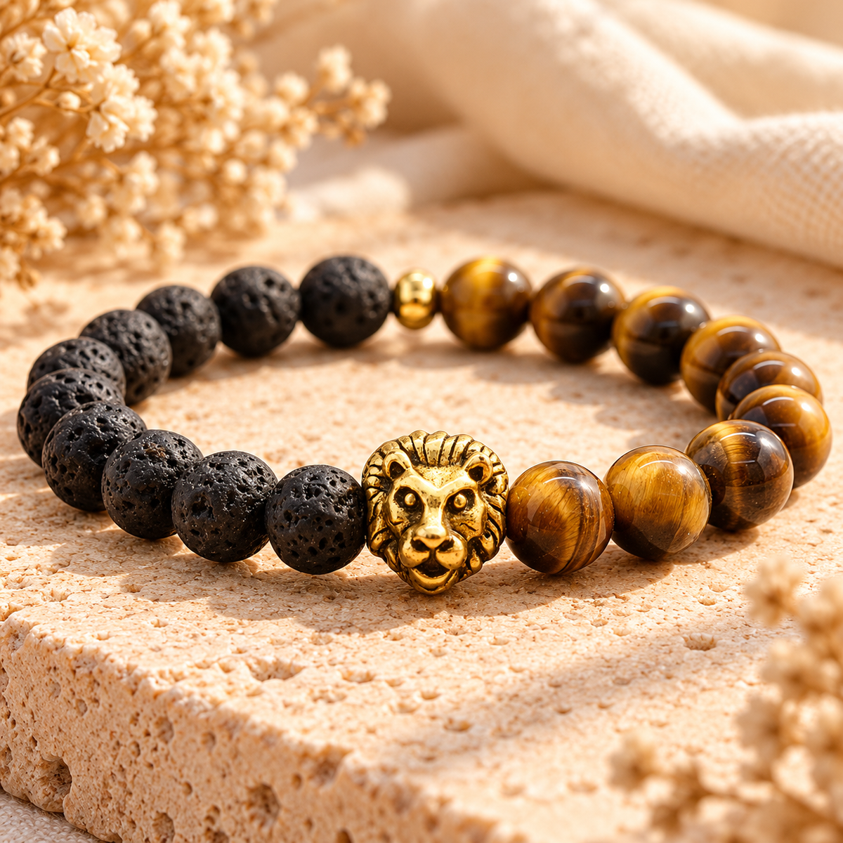 Lion’s Pride Bracelet Tiger Eye & Lava Stone Men’s Bracelet with Lion Head Charm