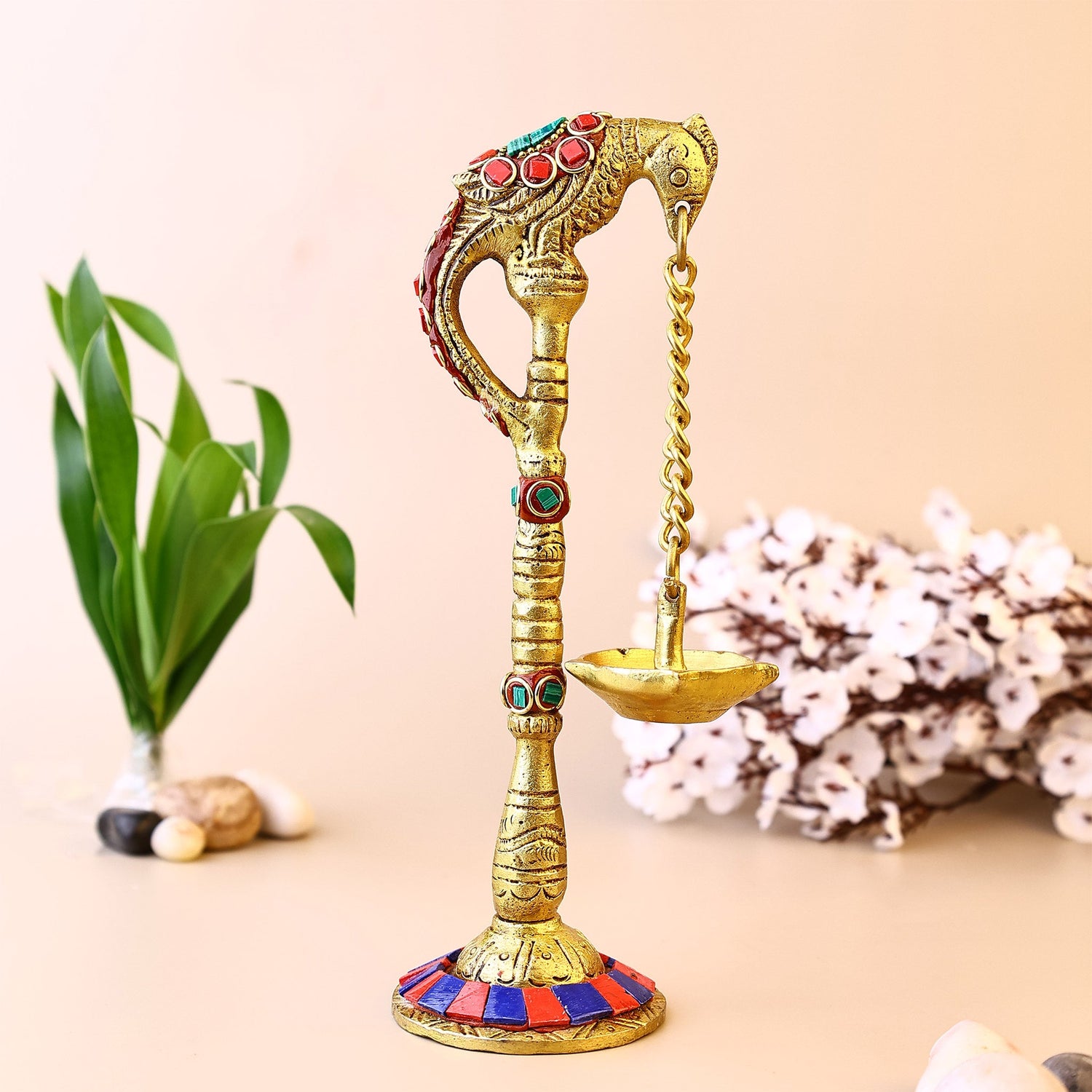 Brass Parrot Oil Light Set with Stone Work