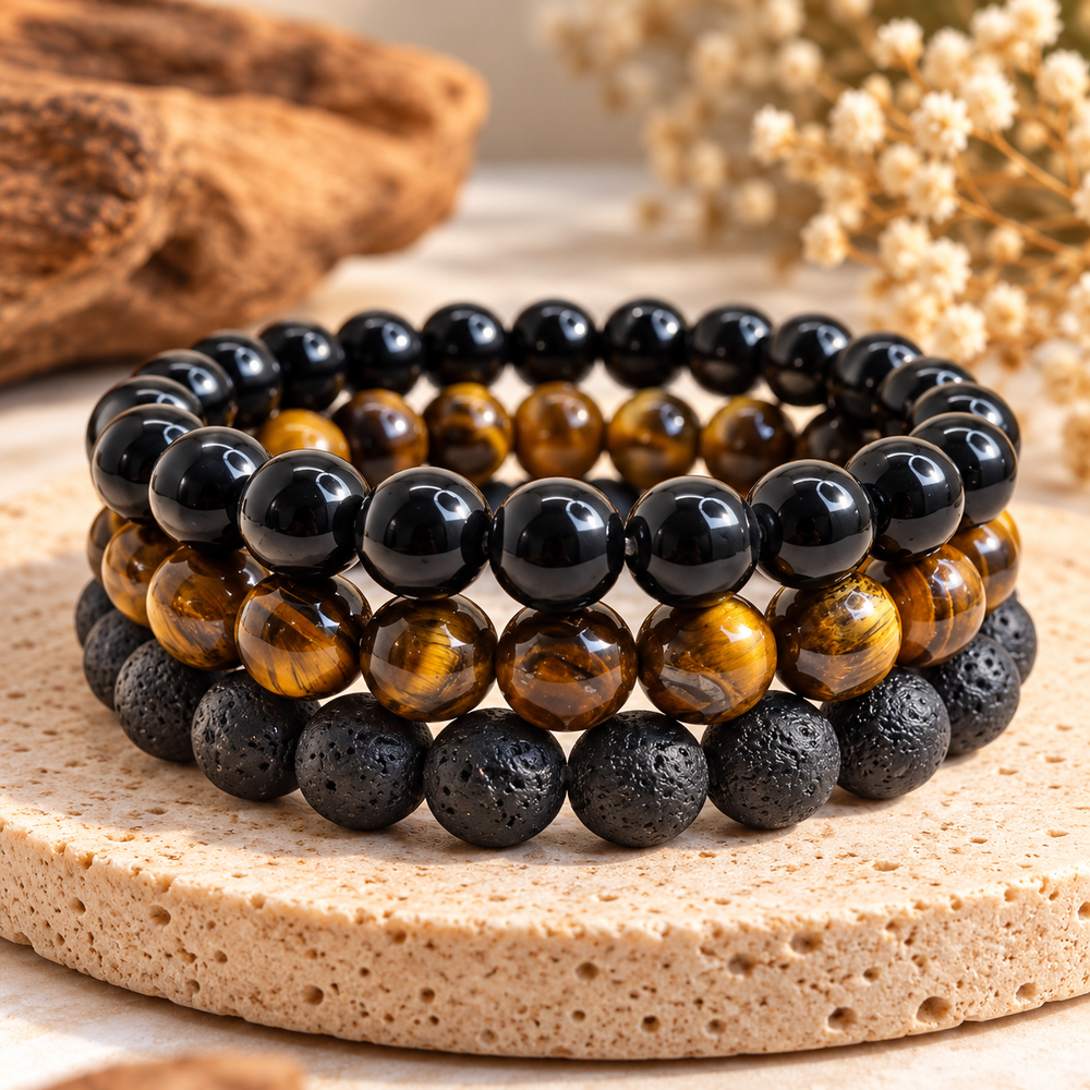 Protection Bracelet Combo Black Tourmaline, Tiger Eye & Lava Stone for Strength and Grounding