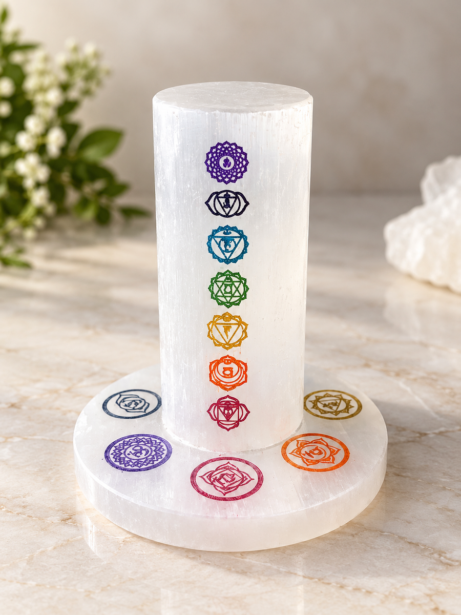 7 Chakra Selenite Crystal Charging Tower