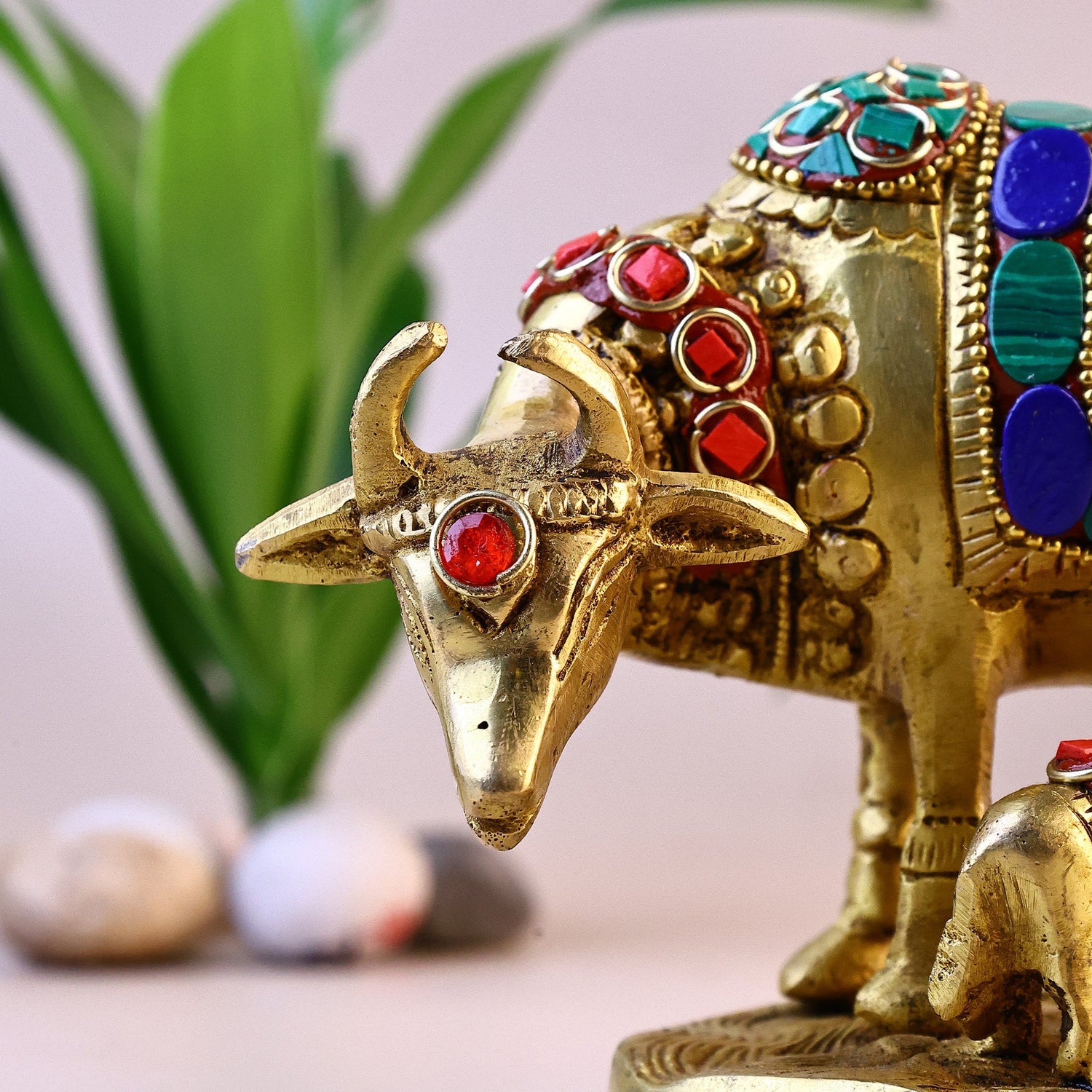 Brass Kaam Dhenu Cow With Calf (Stonework)