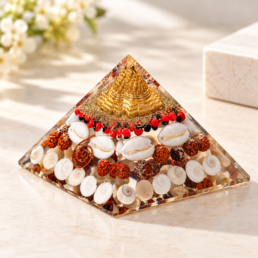 Shree Lakshmi Orgonite Pyramid with Gomati Chakra & Shree Yantra – Wealth, Prosperity & Positive Energy