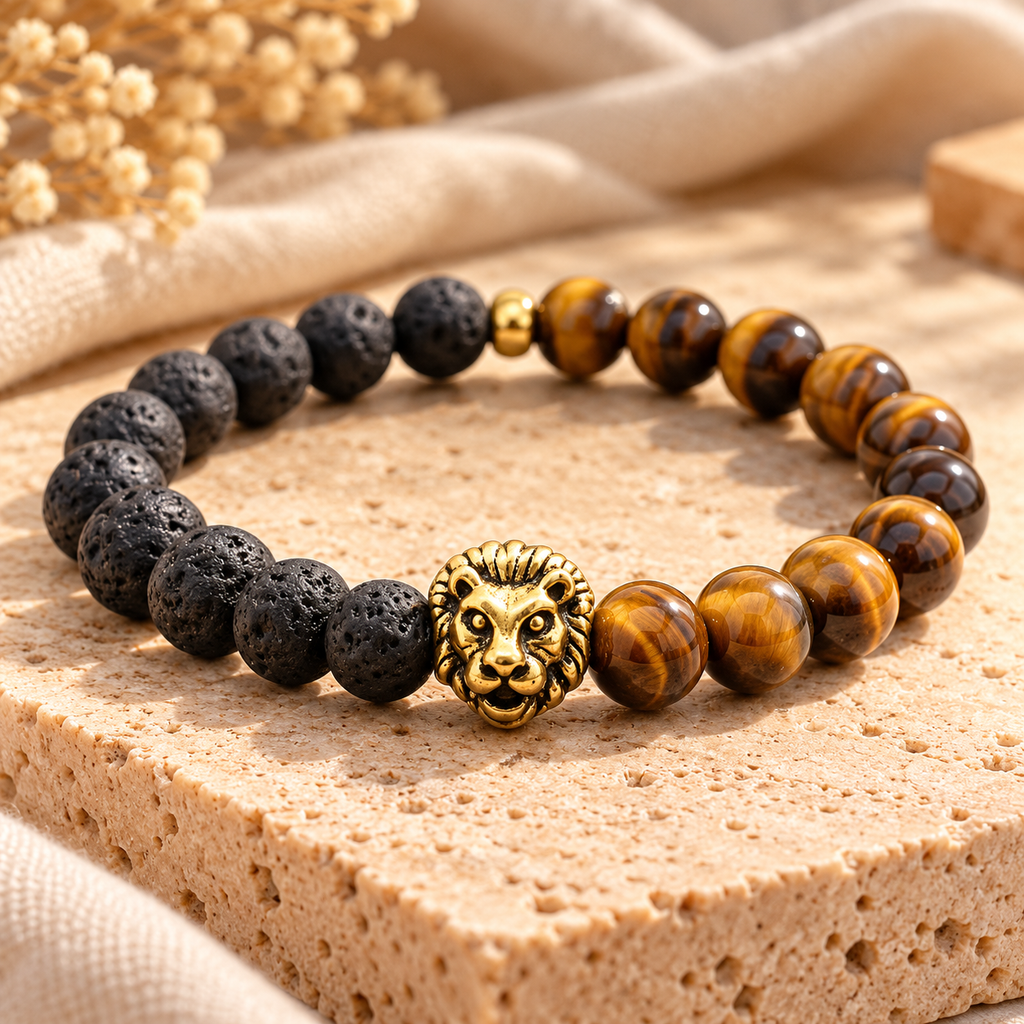 Lion’s Pride Bracelet Tiger Eye & Lava Stone Men’s Bracelet with Lion Head Charm