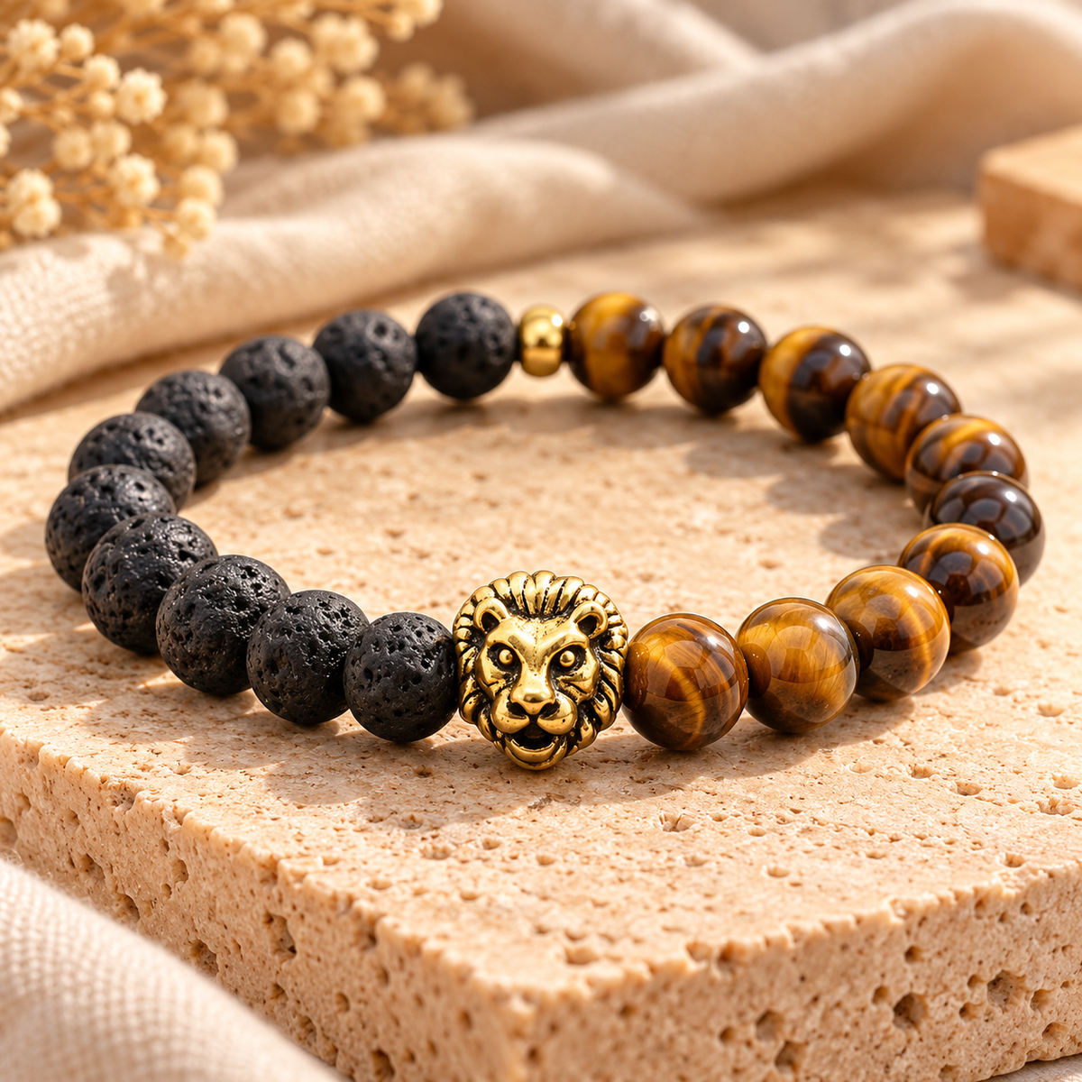 Lion’s Pride Bracelet Tiger Eye & Lava Stone Men’s Bracelet with Lion Head Charm