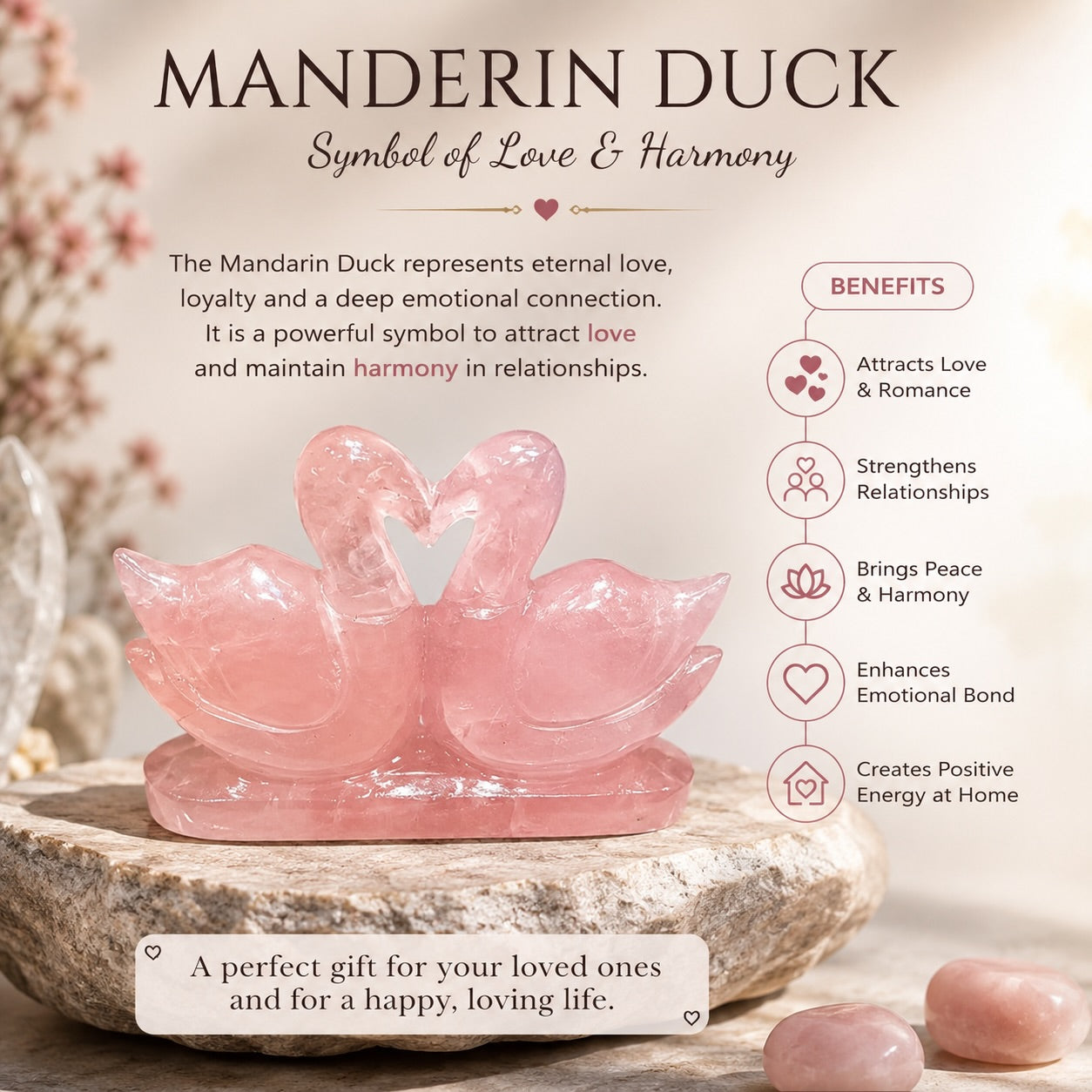 Natural Rose Quartz Mandarin Duck Pair