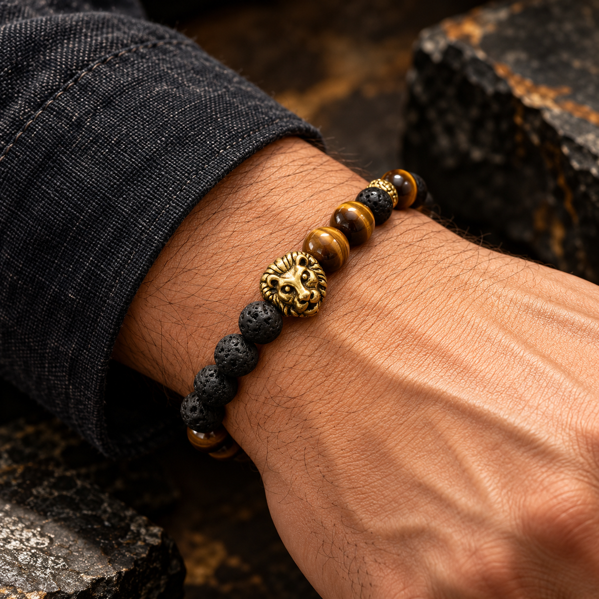 Lion’s Pride Bracelet Tiger Eye & Lava Stone Men’s Bracelet with Lion Head Charm
