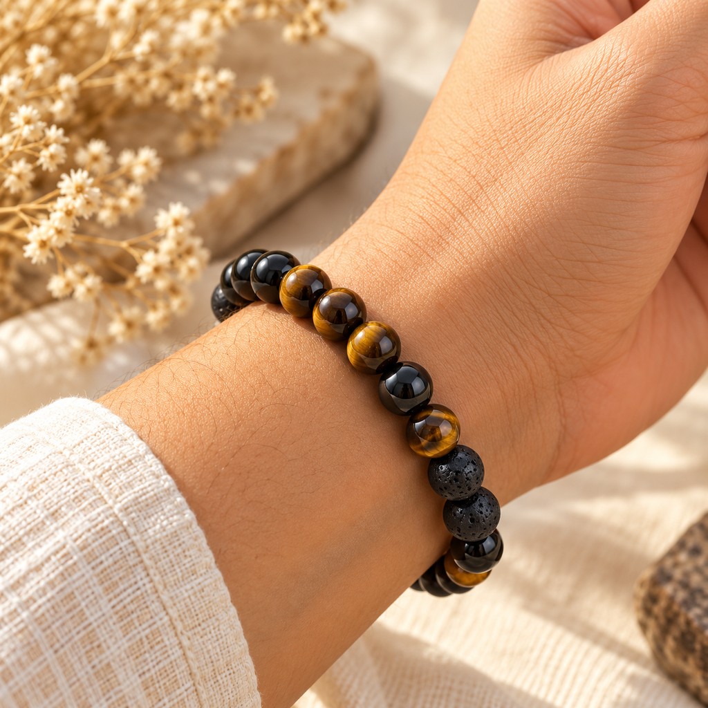 Protection Bracelet Combo Black Tourmaline, Tiger Eye & Lava Stone for Strength and Grounding