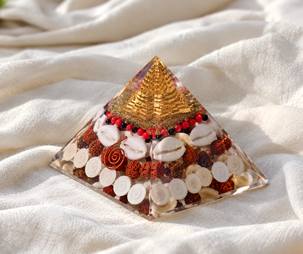 Shree Lakshmi Orgonite Pyramid with Gomati Chakra & Shree Yantra – Wealth, Prosperity & Positive Energy