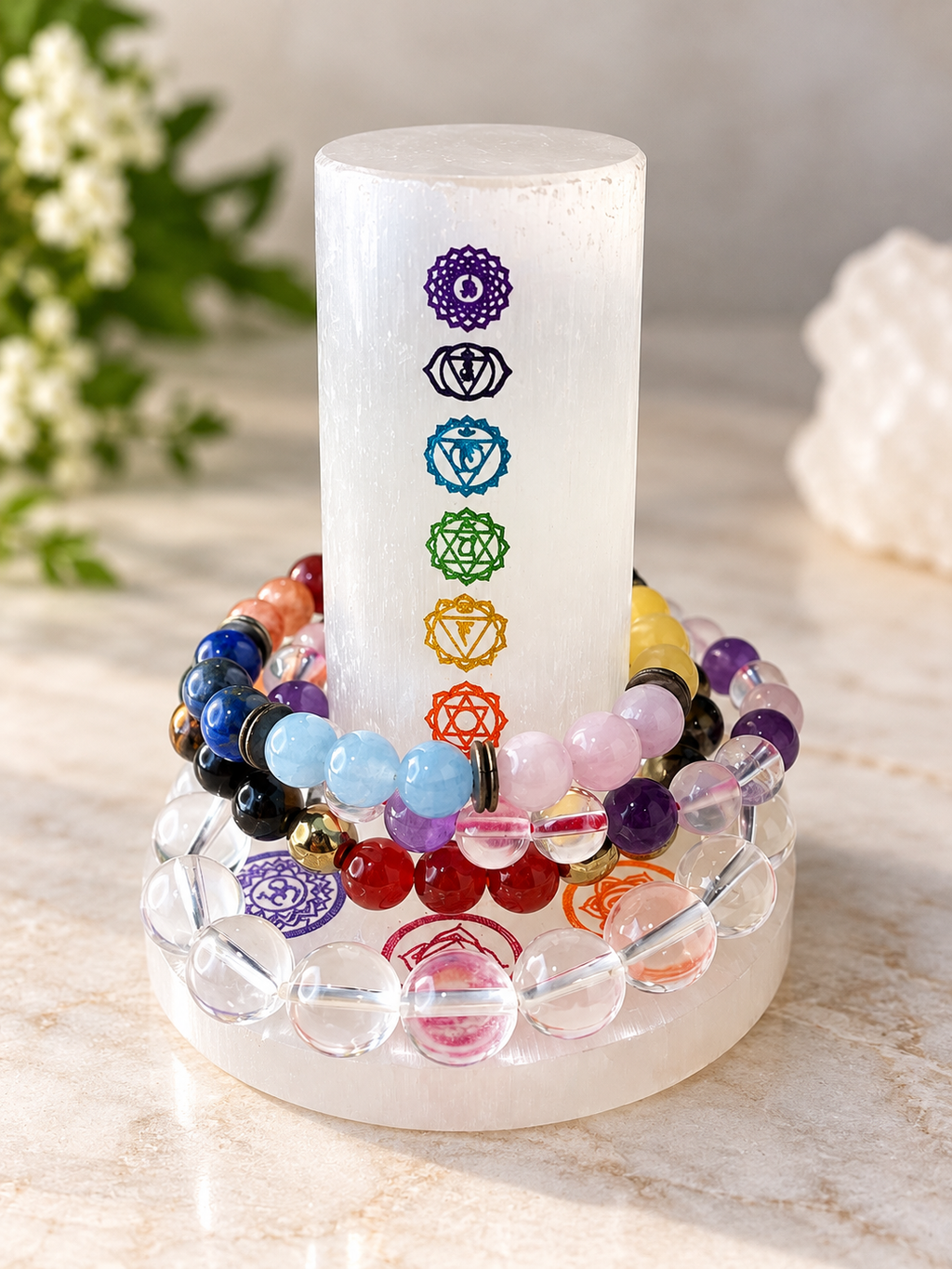 7 Chakra Selenite Crystal Charging Tower