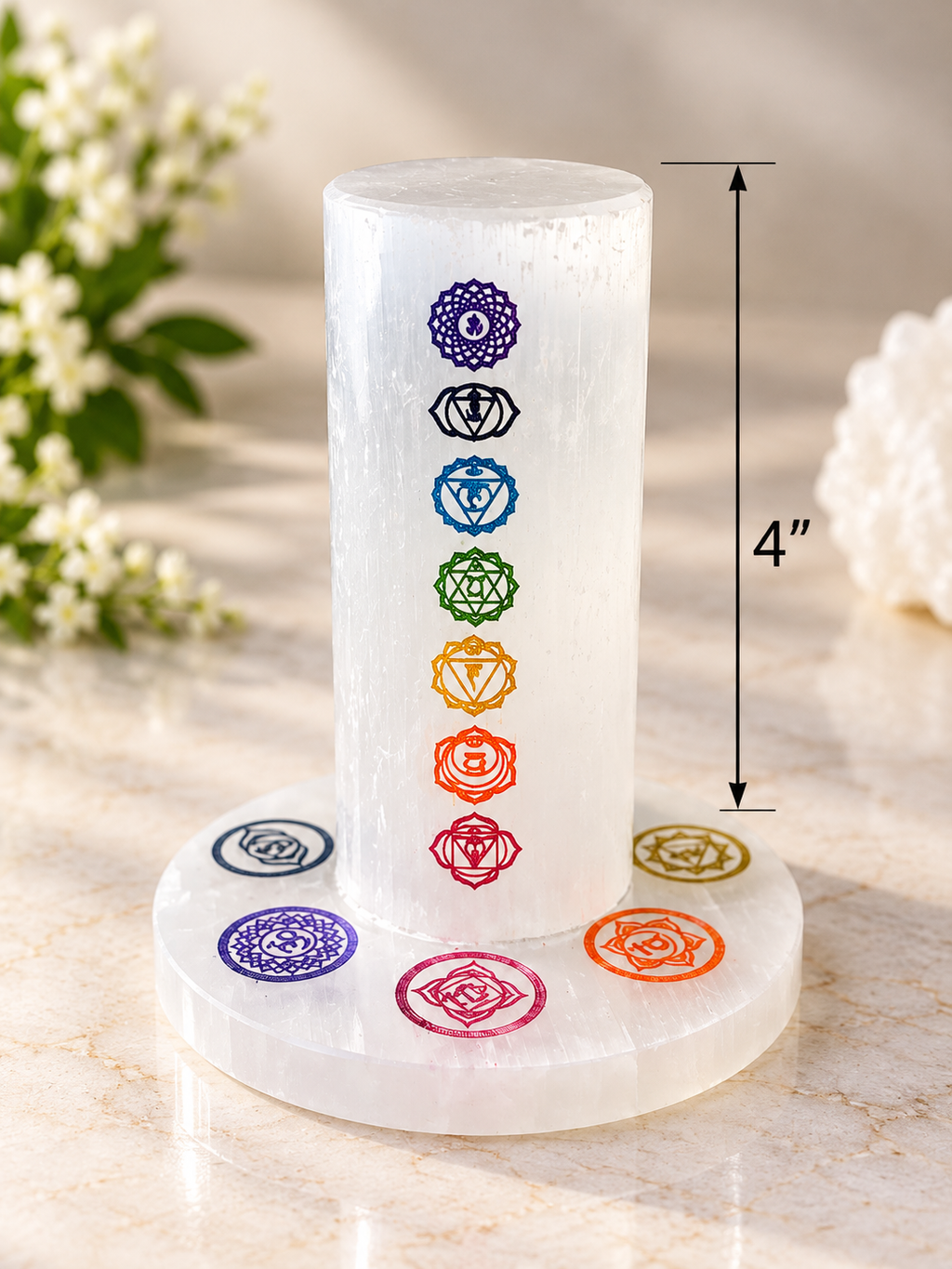 7 Chakra Selenite Crystal Charging Tower