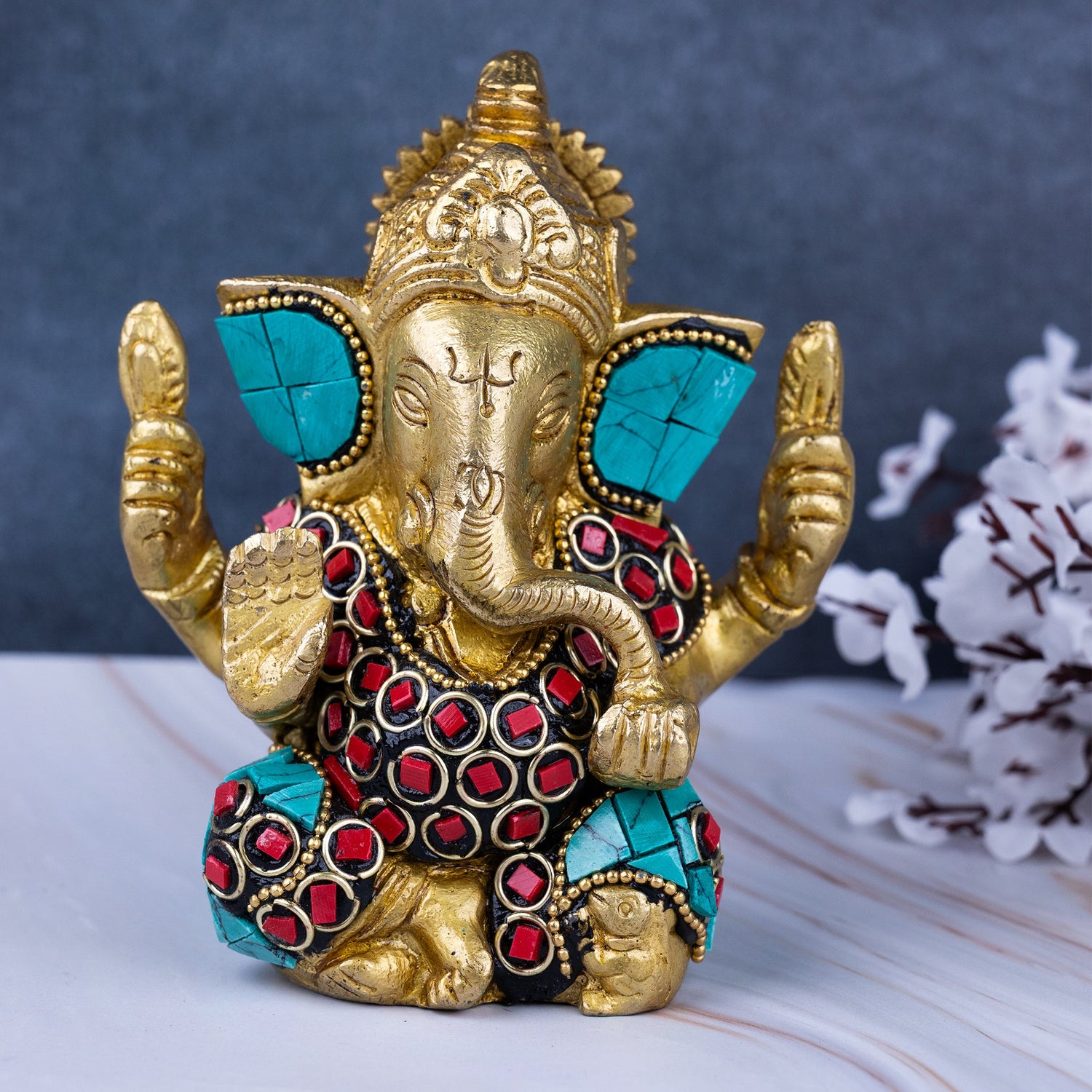 Brass Shri Ganesh Statue with Stonework