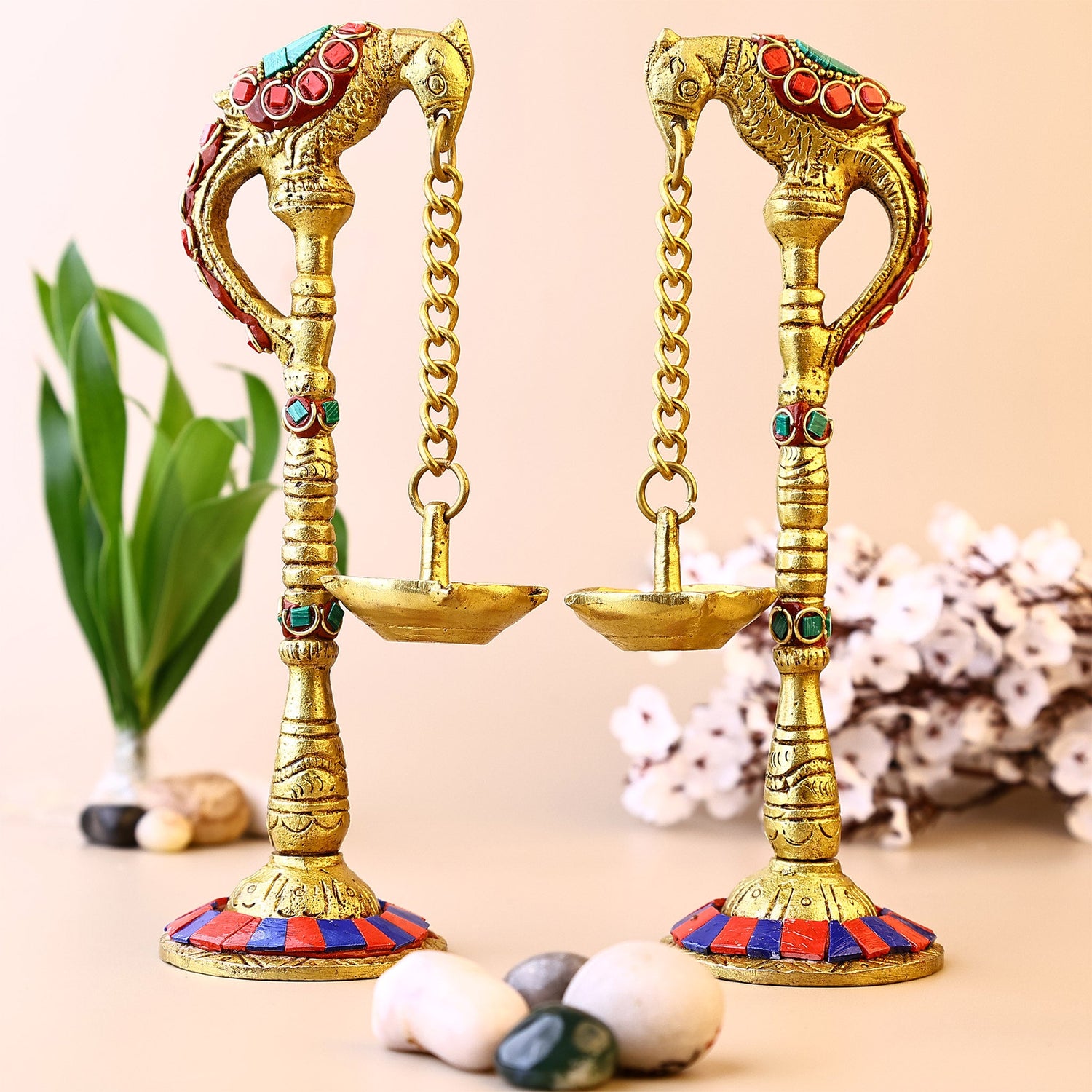 Brass Parrot Oil Light Set with Stone Work