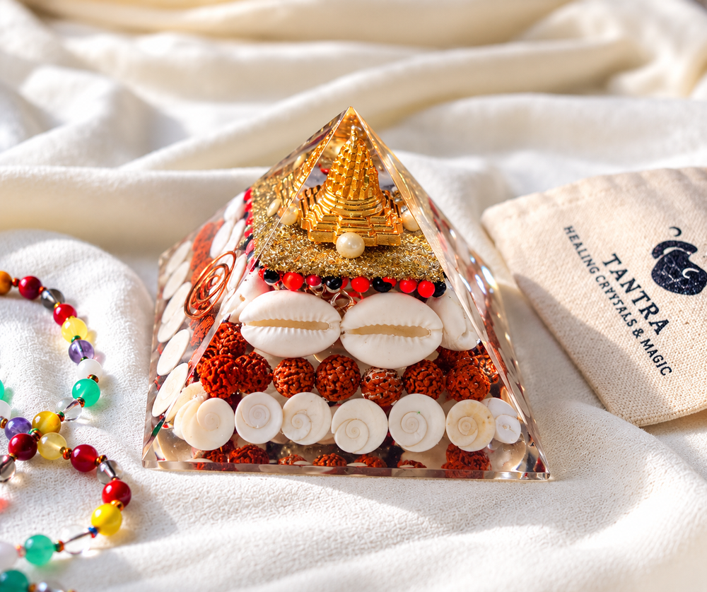Shree Lakshmi Orgonite Pyramid with Gomati Chakra & Shree Yantra – Wealth, Prosperity & Positive Energy