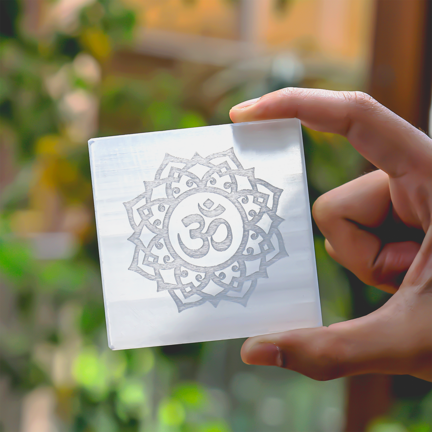 OM Selenite Plate - Crystal recharging & cleansing