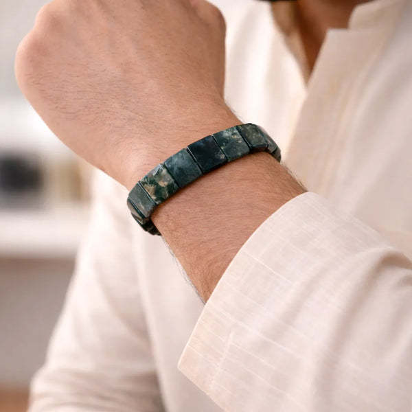 Moss Agate Emerald Cut Bracelet – Growth, Stability & Emotional Balance