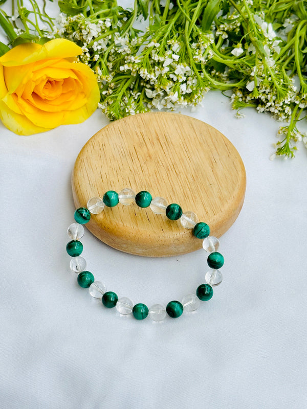 Stabilizes Mood Swings and treats menstruation disorders: Malachite & Clear Quartz Bracelet