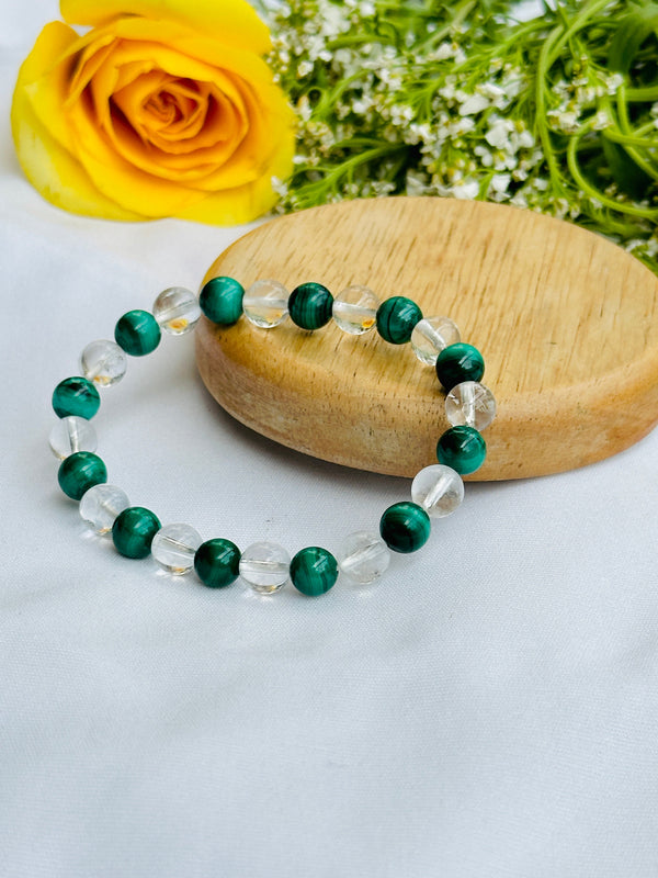 Stabilizes Mood Swings and treats menstruation disorders: Malachite & Clear Quartz Bracelet