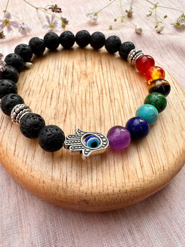 Seven Chakra with Lava Stone Bracelet: Evil Eye Protect