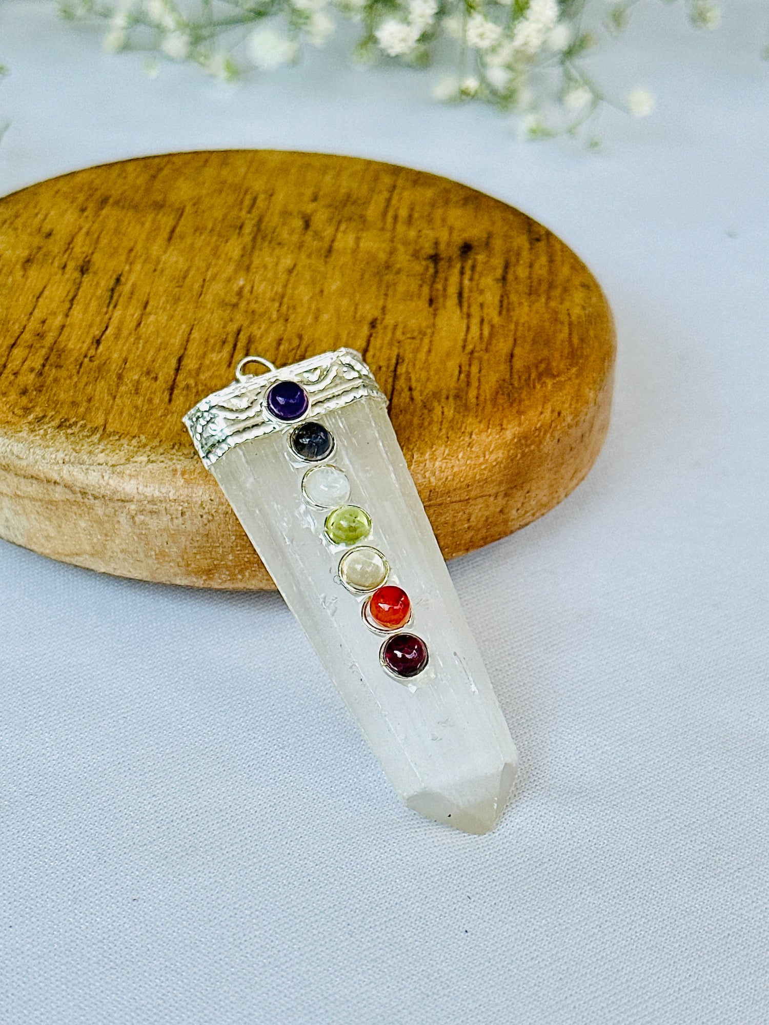 Spiritual Cleansing & Purification: Selenite Seven Chakra Pendant