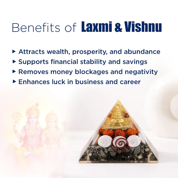Laxmi & Vishnu with Pyrite Pyramid – Wealth, Prosperity & Protection Energy Pyramid
