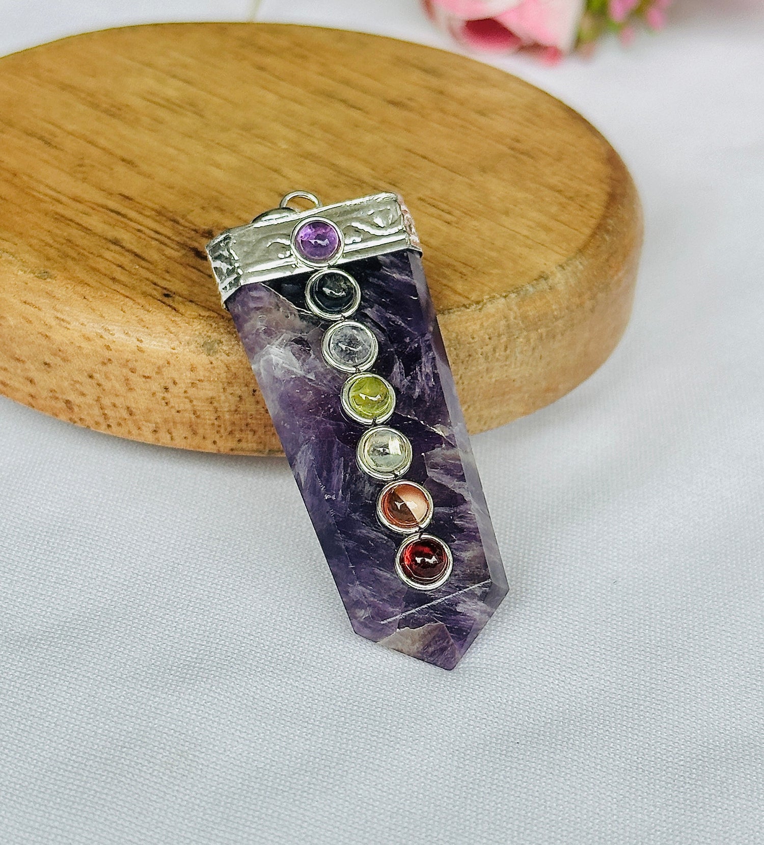 Attract Luck, Enhance Intuition, Improve Health & Skin: Amethyst Seven Chakra Pendant