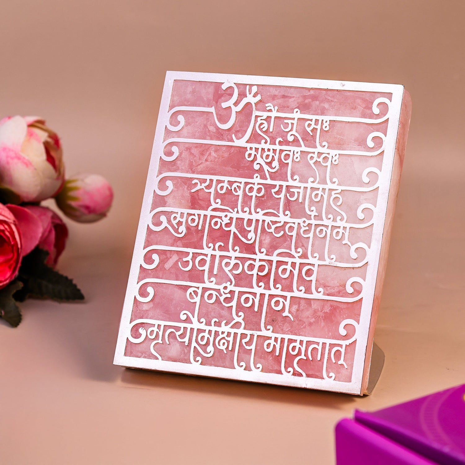 Maha Mrityunjaya Mantra Rose Quartz Tealight Candle - Home Decor