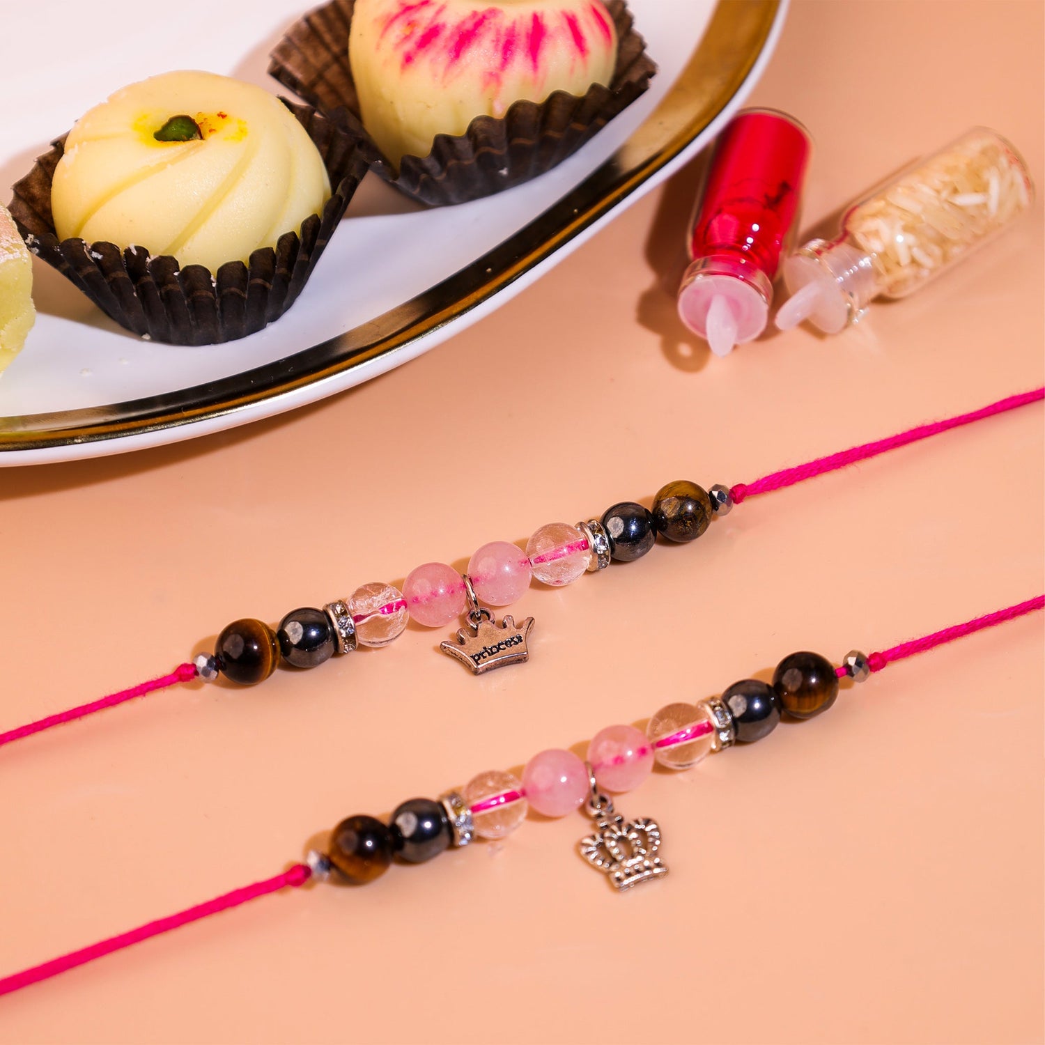 Rose quatz and tiger eye combo rakhi - Abhimantrit