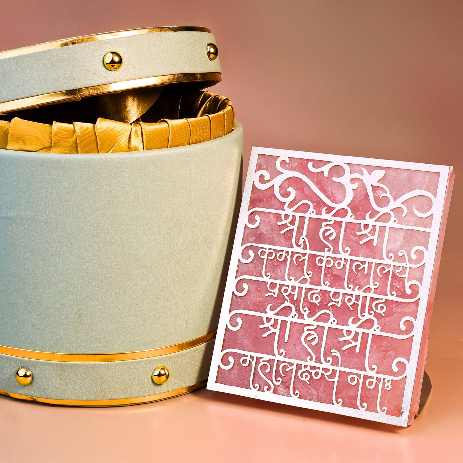 Shree Mahalakshmi Beej Dhyan Mantra Rose Quartz Tealight Candle - Home Decor