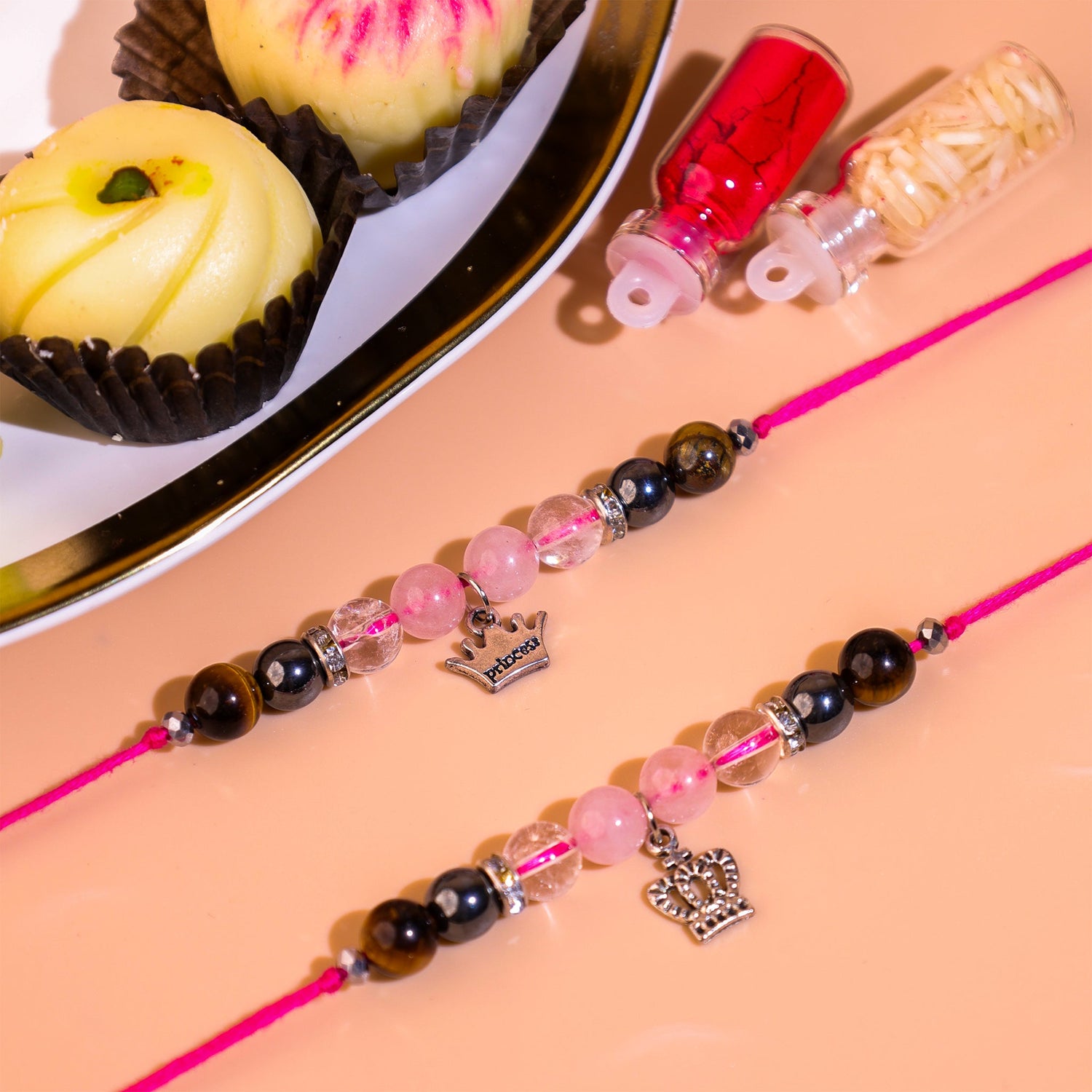 Rose quatz and tiger eye combo rakhi - Abhimantrit