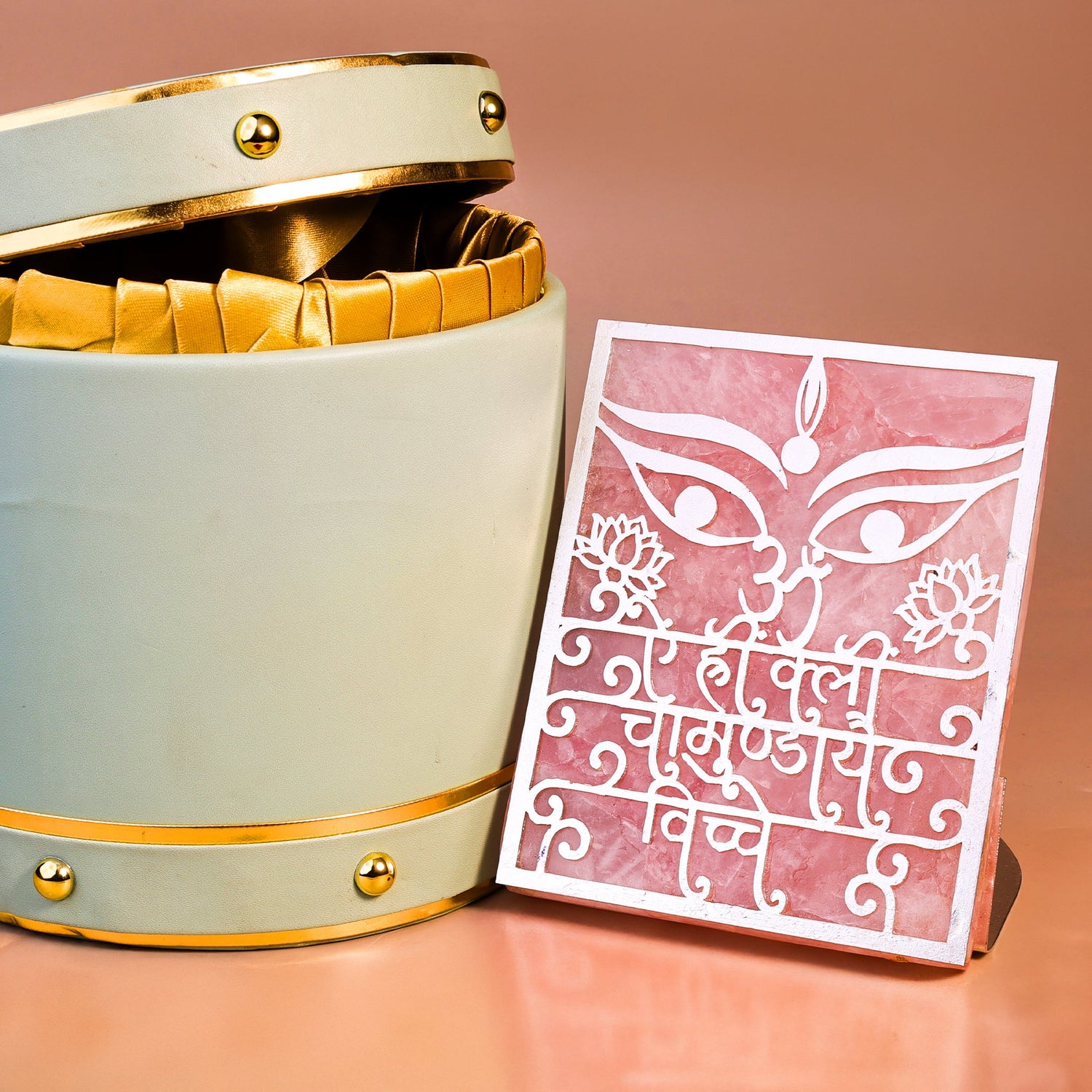 Chamunda Beej Mantra Rose Quartz Tealight Candle - Home Decor