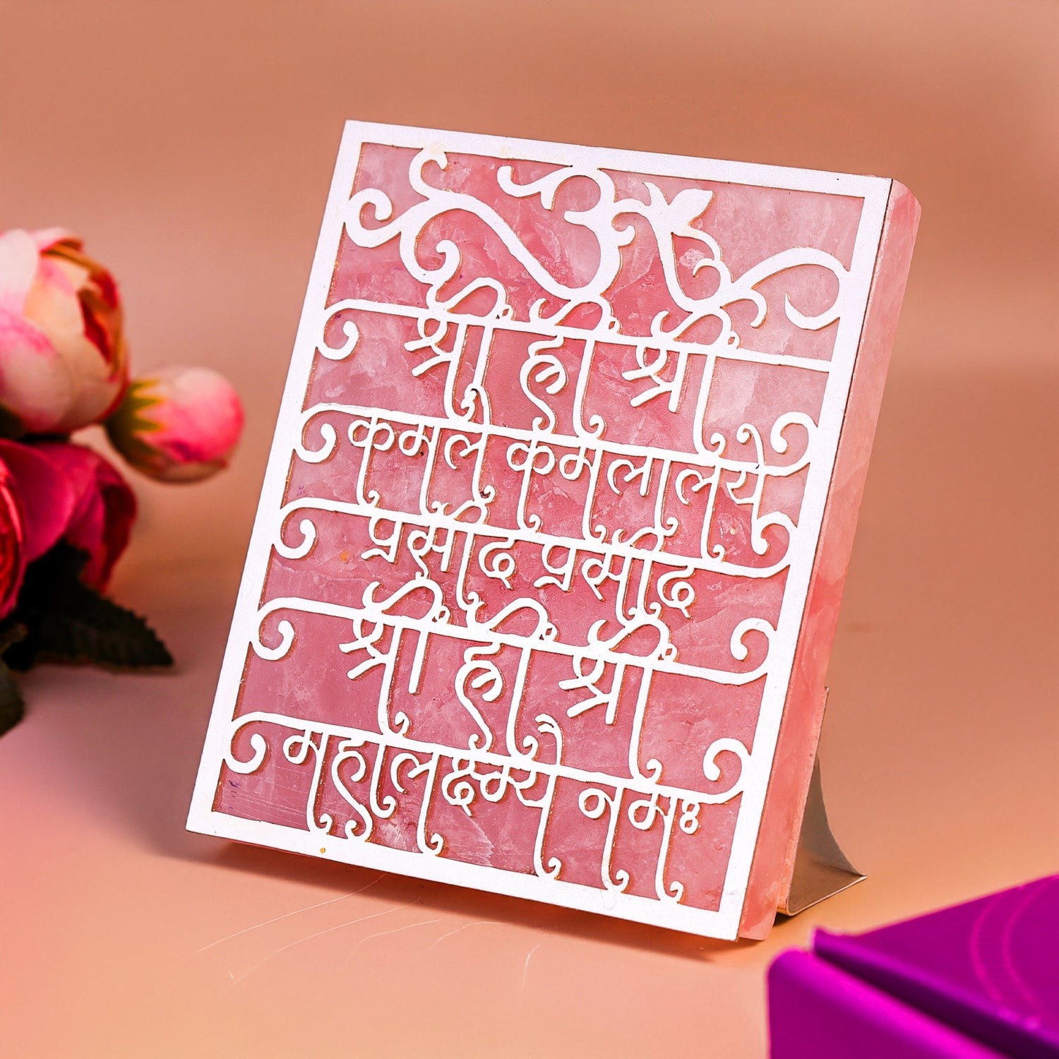 Shree Mahalakshmi Beej Dhyan Mantra Rose Quartz Tealight Candle - Home Decor