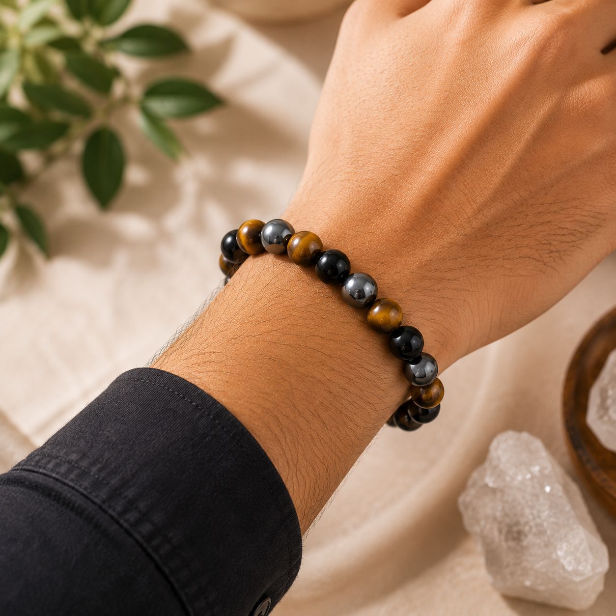 Natural Triple Protection Bracelet | Black Tourmaline, Tiger Eye & Hematite