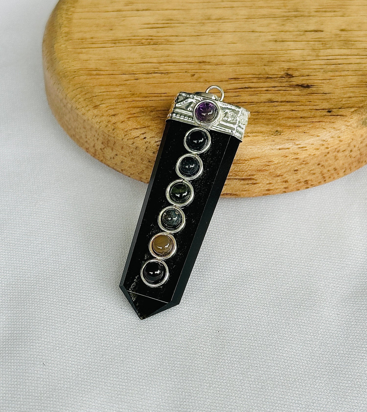 Remove Psychic Smog from Your Aura: Black Obsidian Seven Chakra Pendant