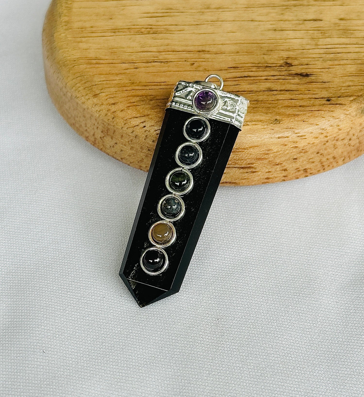 Remove Psychic Smog from Your Aura: Black Obsidian Seven Chakra Pendant