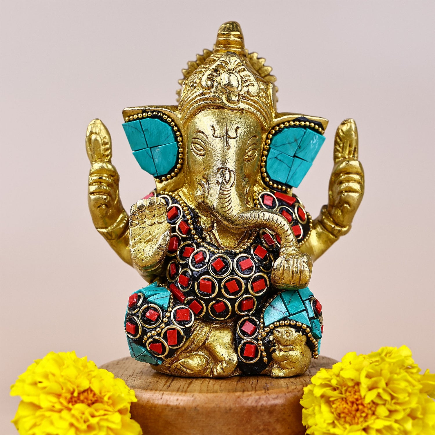 Brass Shri Ganesh Statue with Stonework